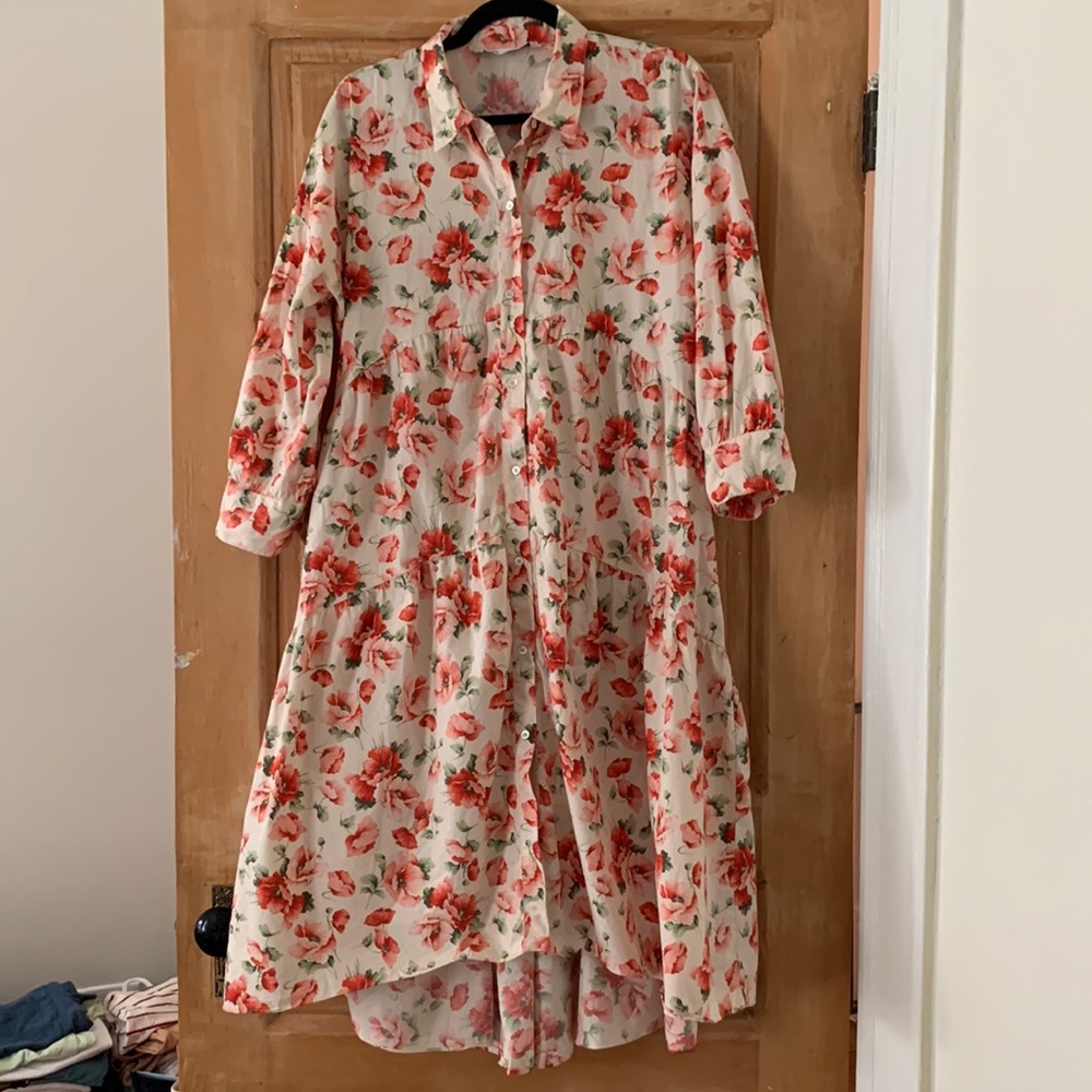 Long sleeve high low floral dress, midi length